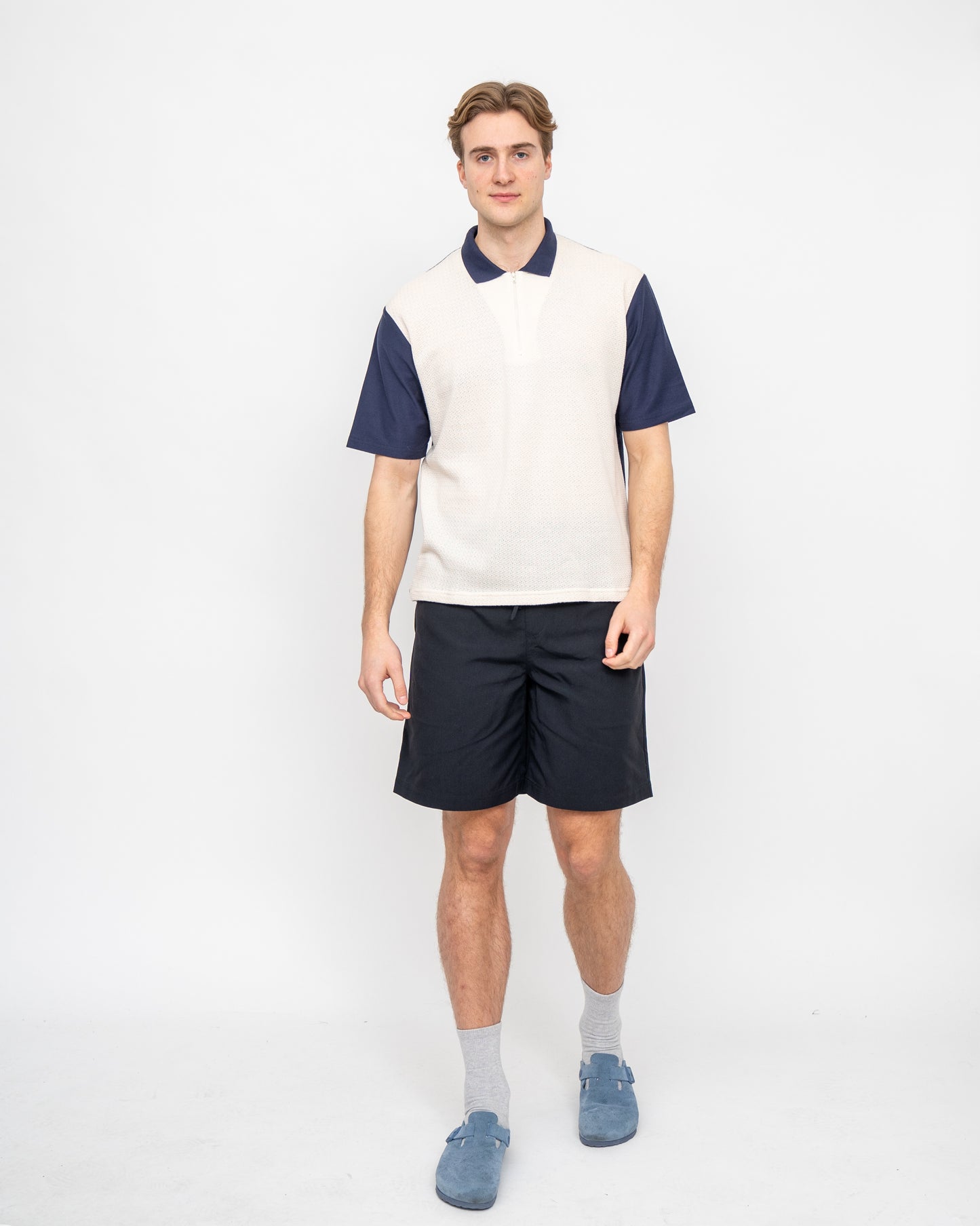 Textured Zip Polo White/Blue