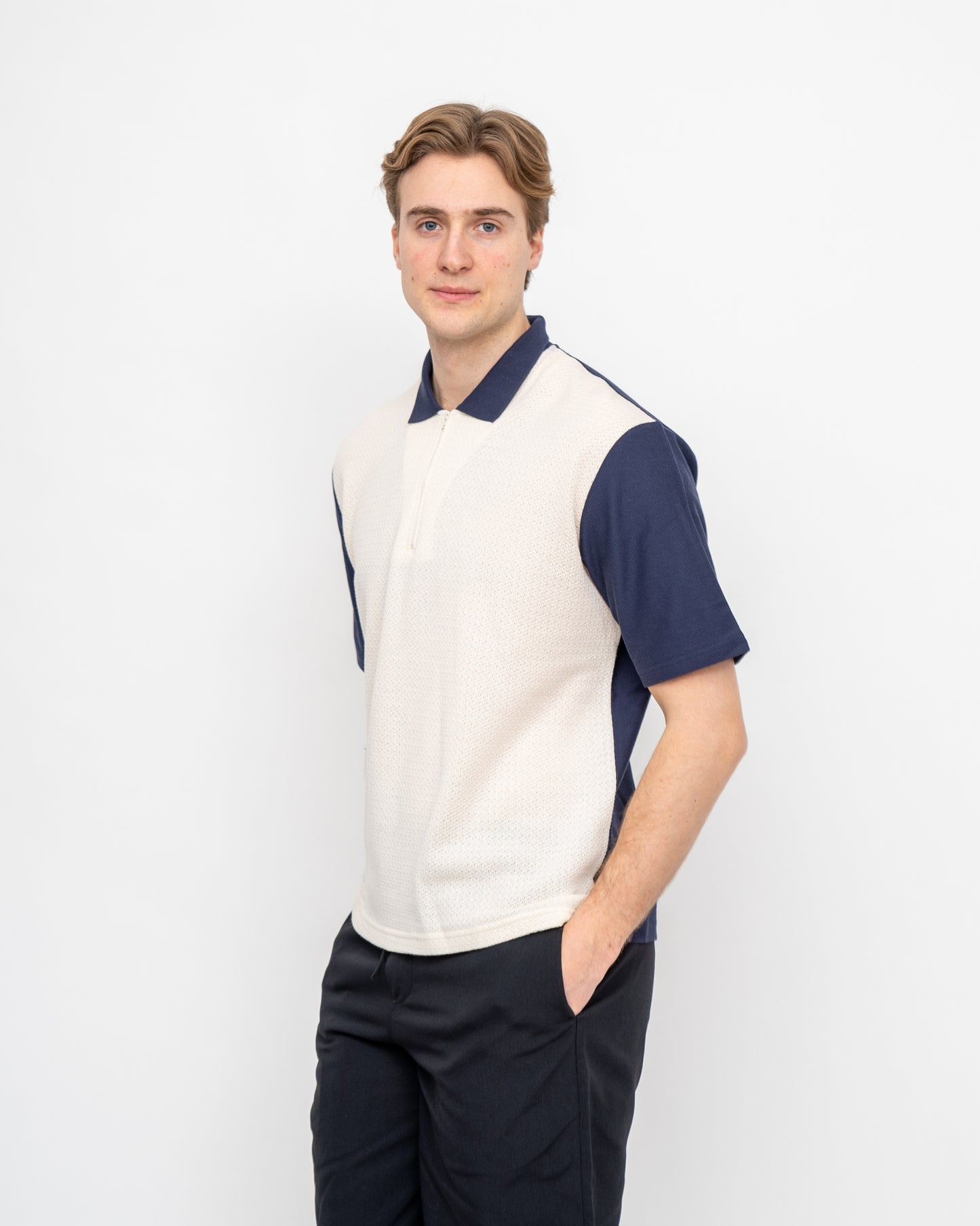 Textured Zip Polo White/Blue