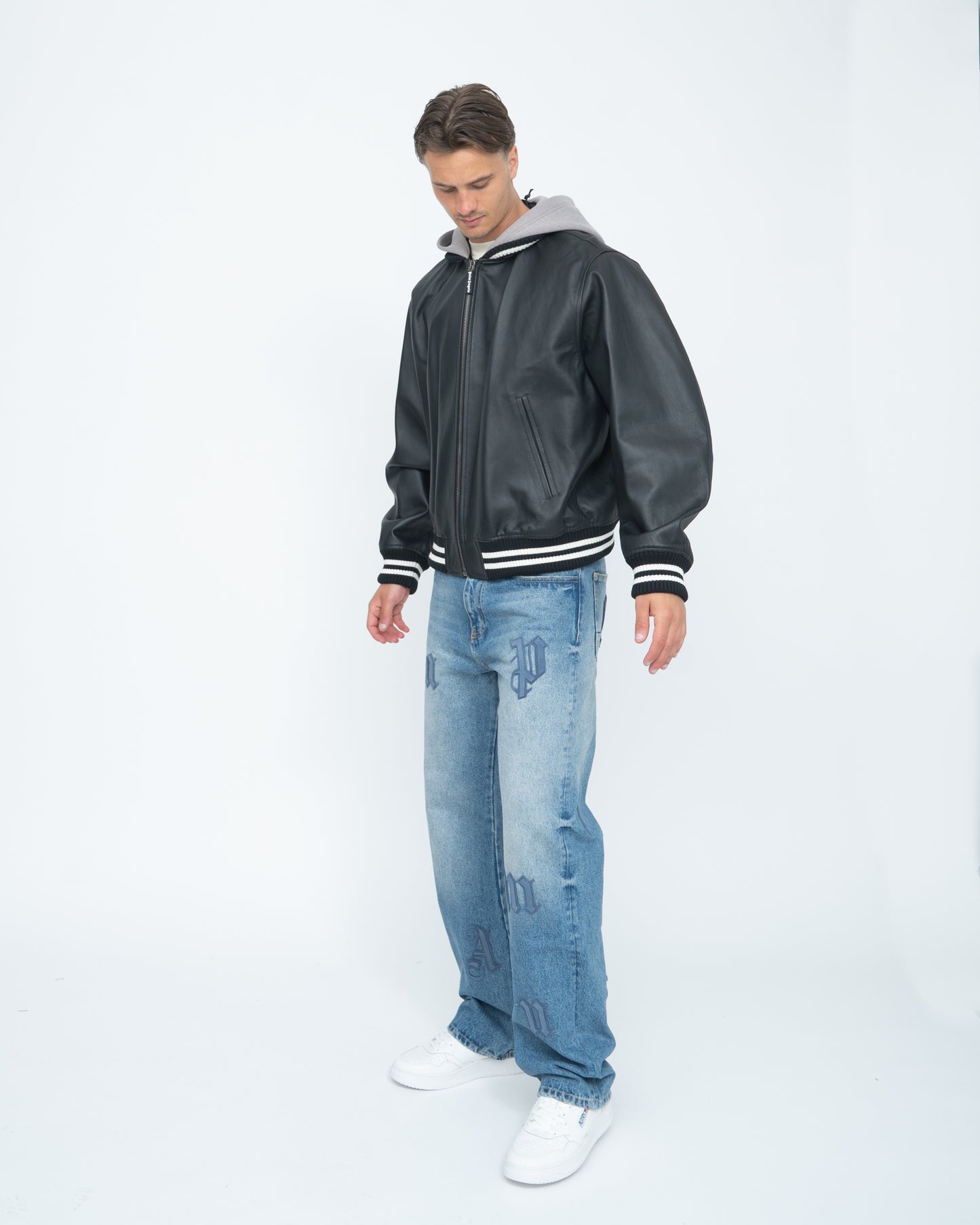 Curved Logo Leather Bomber Black