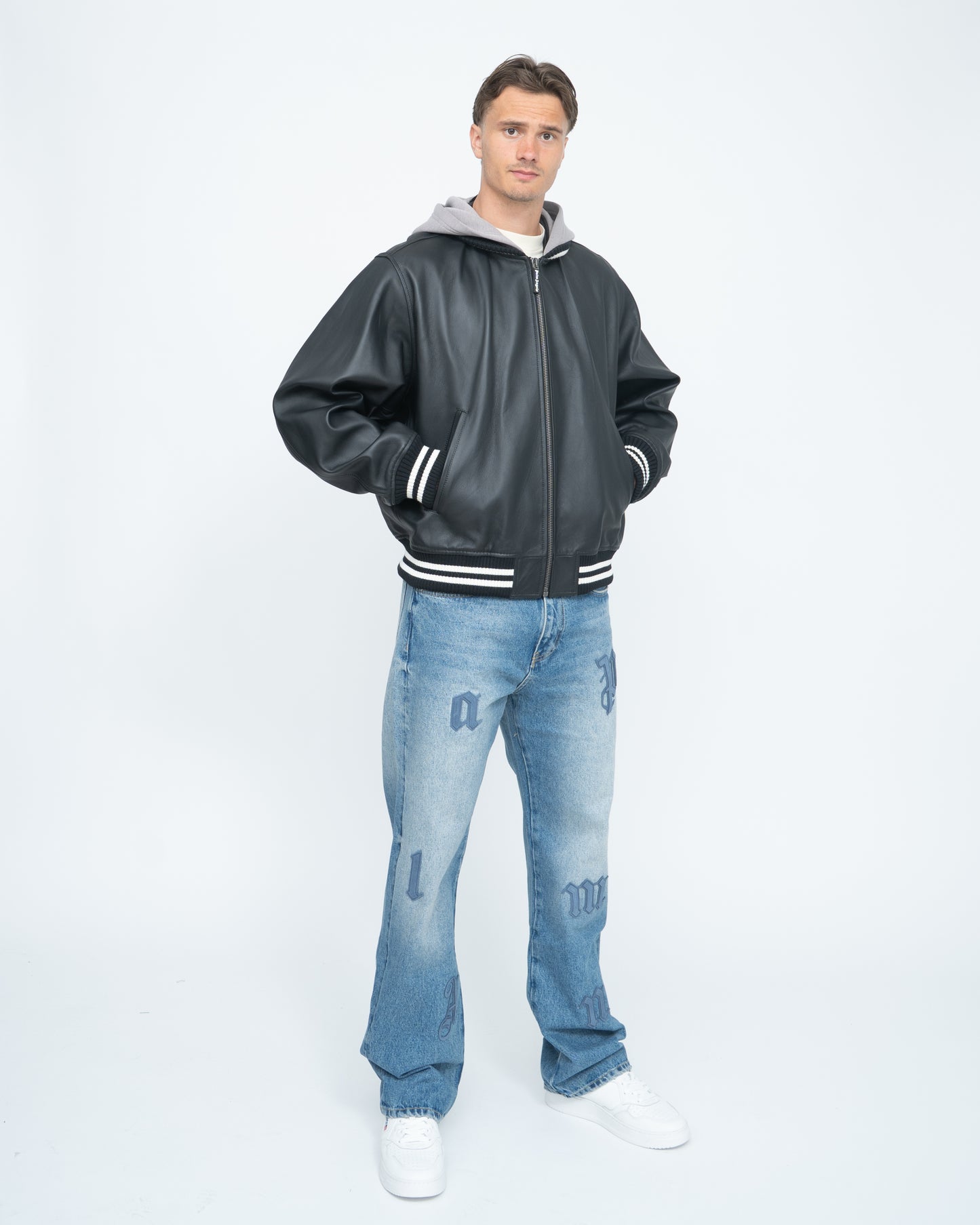 Curved Logo Leather Bomber Black