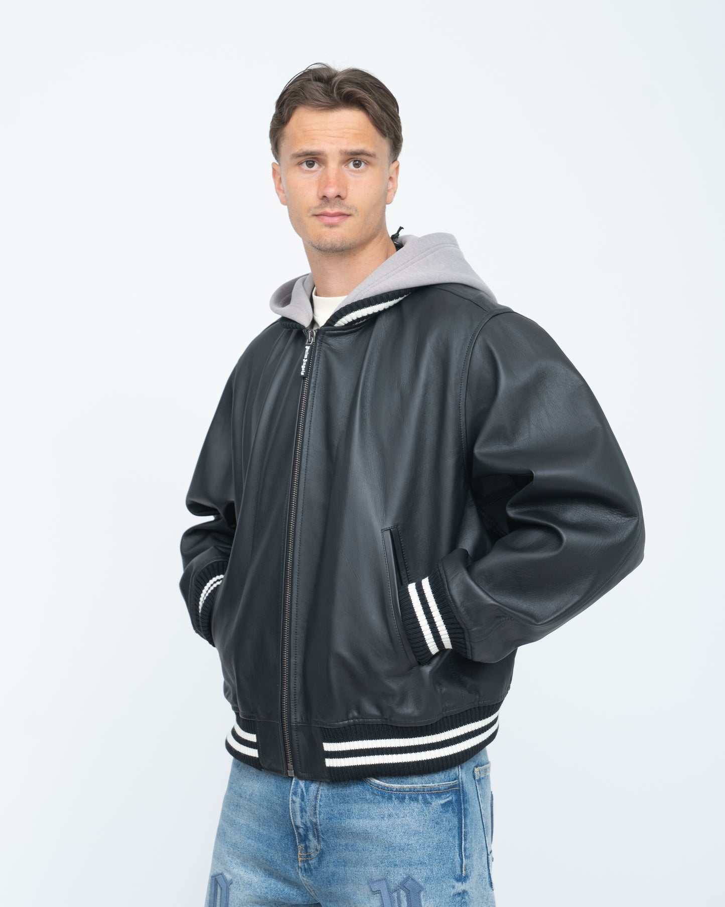 Curved Logo Leather Bomber Black