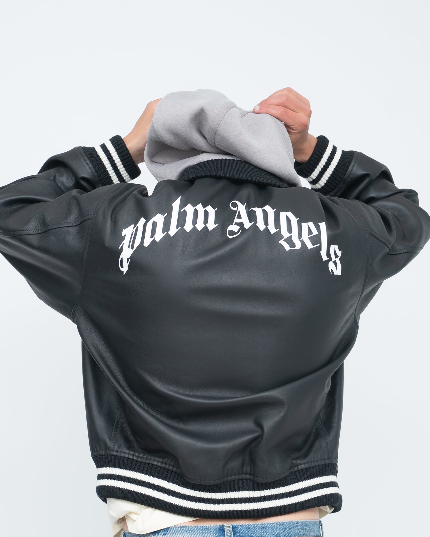 Curved Logo Leather Bomber Black