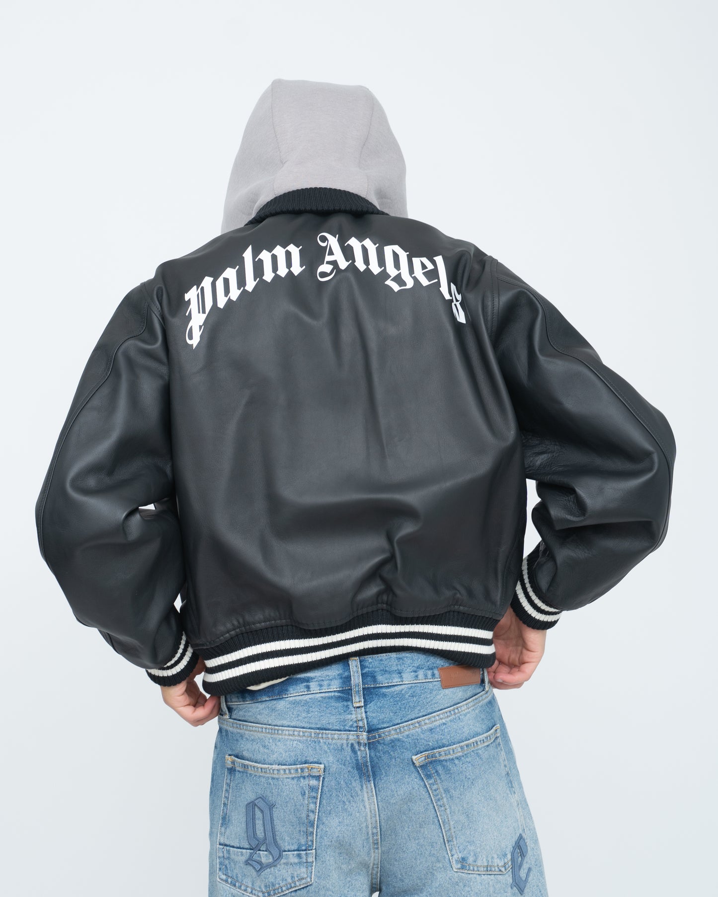 Curved Logo Leather Bomber Black