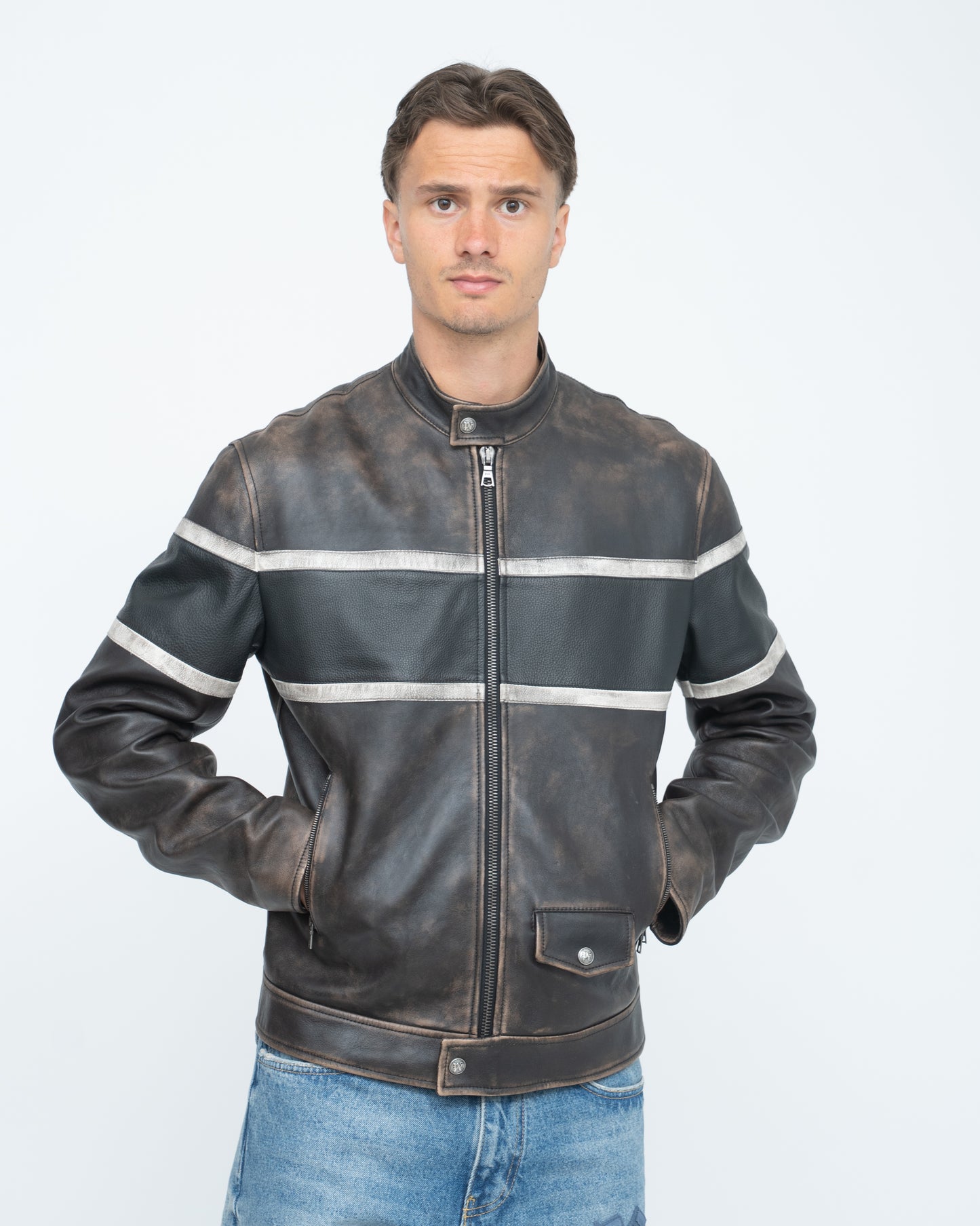 Crystal Pin Up Leather Biker Brown