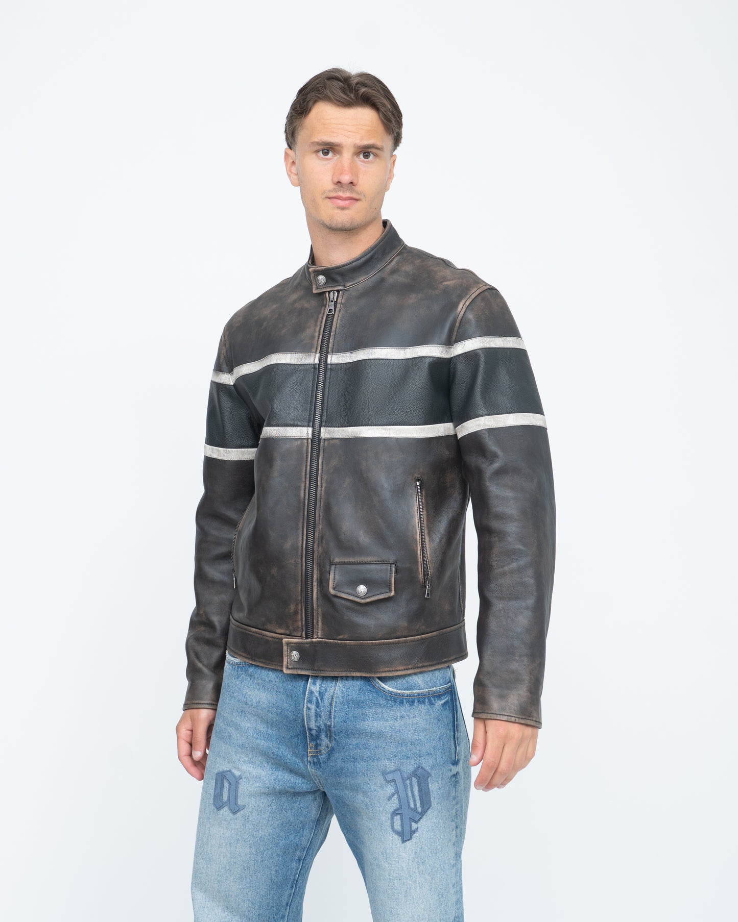 Crystal Pin Up Leather Biker Brown