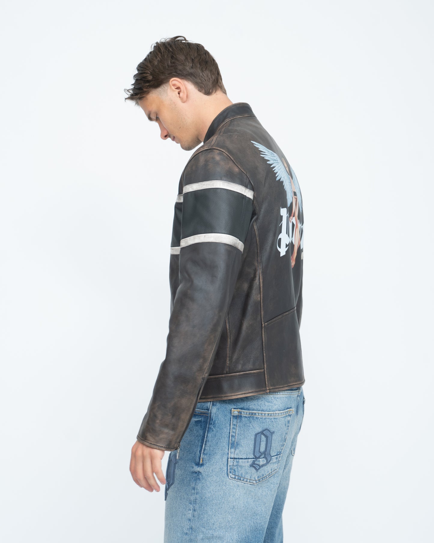 Crystal Pin Up Leather Biker Brown