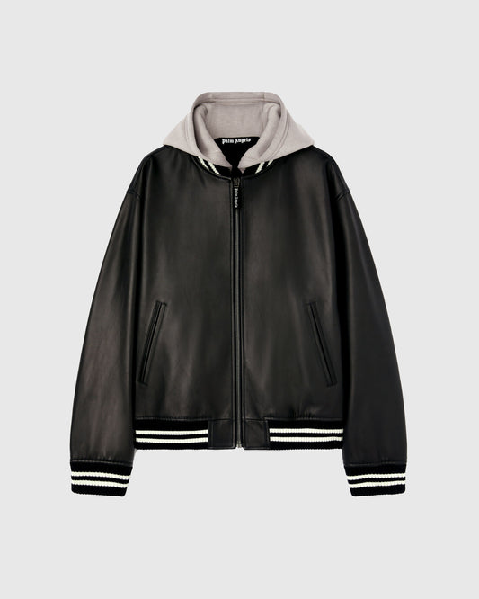 Curved Logo Leather Bomber Black